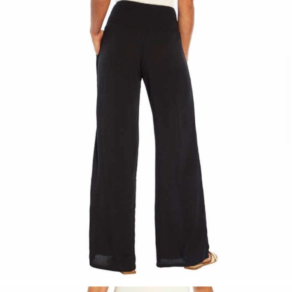 Three Dots Womens Size M Black Rayon Crinkle Pull On Pants Casual Beach Wide Leg